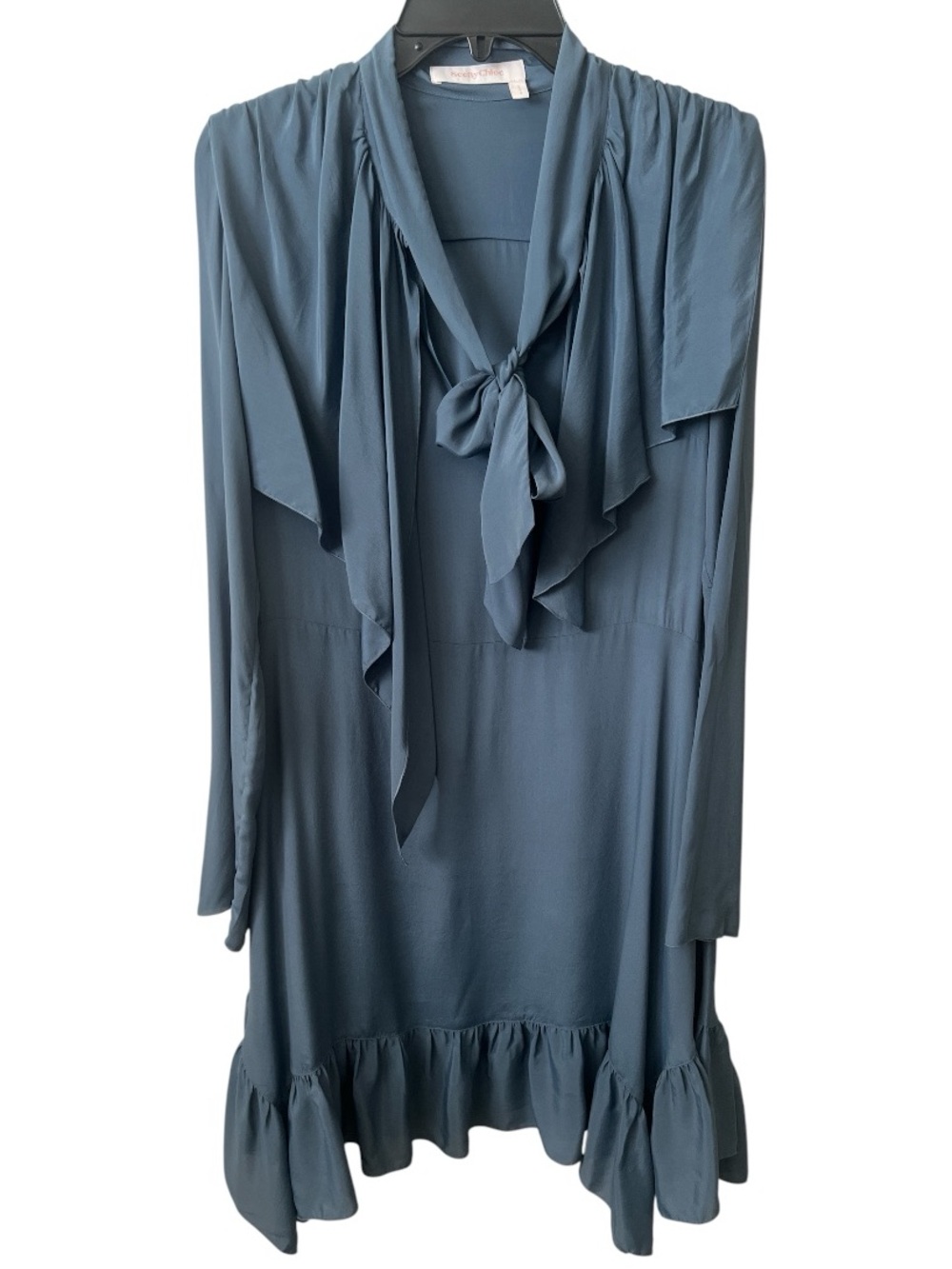 See By Chloé Silk Blend Tie Neck Ruffle Dress Mirage Blue US 8 | EU 40 - Picture 2 of 12